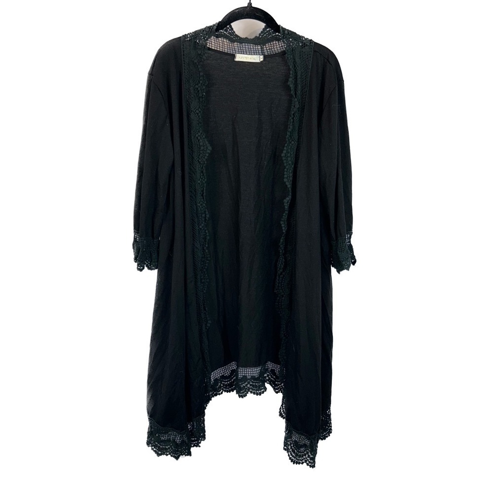 Hipster Row Cardigan Lace Crochet Trim Full Length 3/4 Sleeve Flowy Duster Top